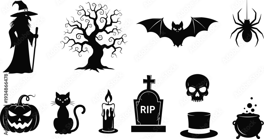 Obraz premium Halloween silhouette icon set with witch bat pumpkin skull spooky vector collection isolated