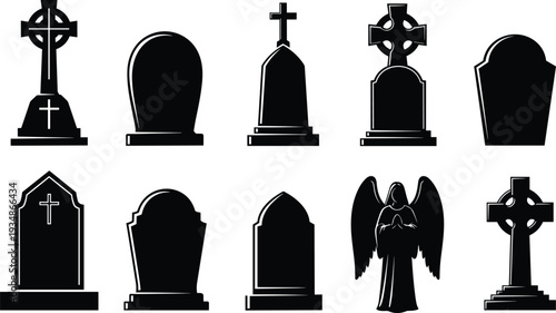 Gravestone and cross silhouettes set isolated on white cemetery memorial vector collection