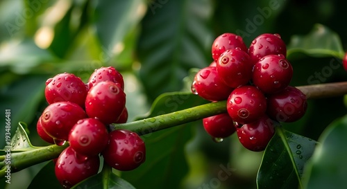 Coffee Cherry Ripe: A close-up view captures the vibrant essence of nature, showcasing ripe coffee cherries, with their radiant red hue, adorning the coffee branch.