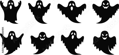 Halloween ghost silhouette set of spooky cartoon spirits flying isolated on white background collection