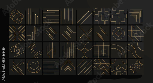 Collection of abstract geometric line art designs on dark background