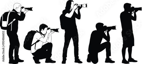Photographer Silhouette Set with Camera and Telephoto Lens Professional Photography Vector Collection Isolated