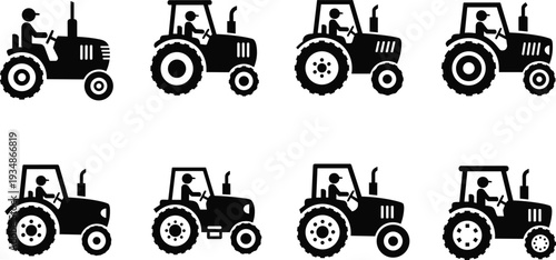 Tractor silhouette set with farmer driver in various agricultural vehicle poses isolated on white background