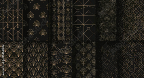 Collection of intricate gold and black patterned textiles for design