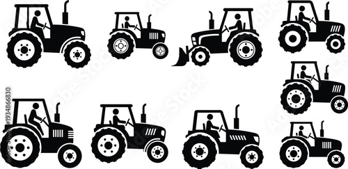 Tractor silhouette set with farmer driving agricultural machinery vector collection isolated on white