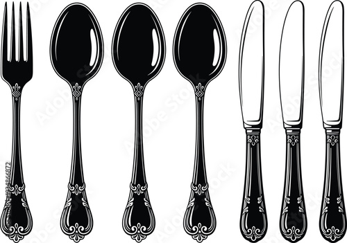 Vintage Cutlery Set Fork Spoons and Knives Antique Silverware Vector Illustration Isolated on White