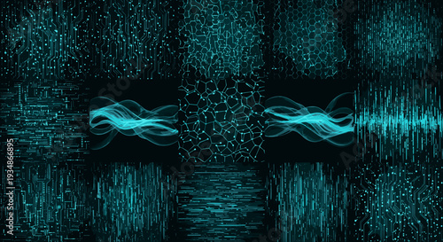 Abstract digital wave patterns with glowing lines and particles