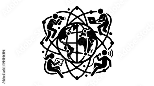 Global digital creator network silhouette with people connected around the earth using cameras, laptops, tablets, and microphones, representing communication and collaboration.