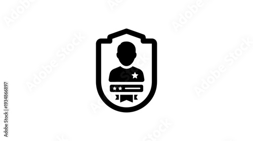 Black silhouette of a digital badge or award featuring a person's profile, stars, and a ribbon, symbolizing achievement, recognition, and accomplishment.