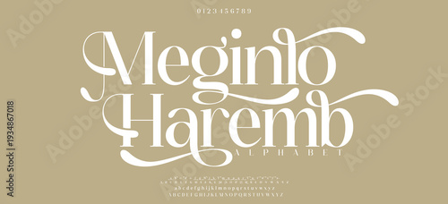 Meginlo Haremb Elegant alphabet letters serif font logo and number. Classic Luxury Minimal Wedding logos. Typography fonts regular uppercase, lowercase. vector illustration
