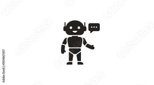 Black silhouette of a friendly robot AI assistant with a speech bubble, representing artificial intelligence, chatbots, customer service, and futuristic technology.