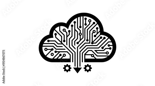 Cloud computing automation icon with integrated circuit board pathways and gears, symbolizing digital transformation and technological advancement in a clean, modern vector graphic.