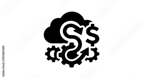 SaaS icon featuring a cloud, gears, and a dollar sign connected by a circular arrow, illustrating software as a service, financial automation, and efficient business processes.