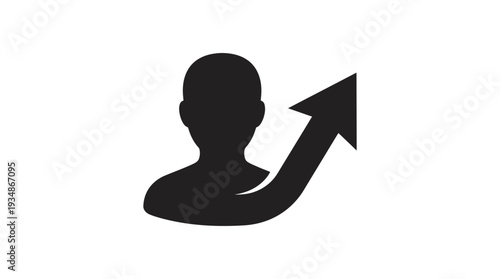 User profile icon with an upward trending arrow, symbolizing personal growth, career advancement, user success, and positive development in a simple, modern graphic.