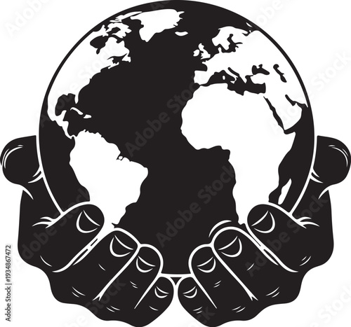 Hands holding a black and white globe illustration tightly
