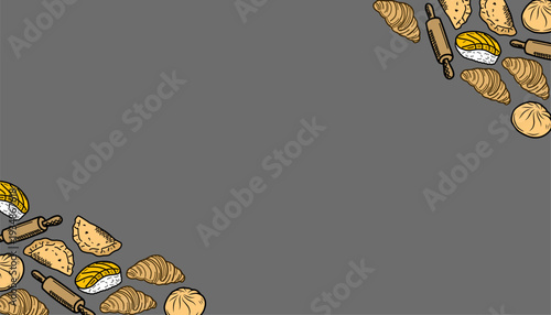 Bakery background Pattern. Pastry Dumpling Bread Motif. Hand Drawn Outline Illustration. Neutral Background Variation. Culinary Textile Packaging Design.