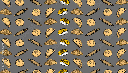 Bakery Seamless Pattern. Pastry Dumpling Bread Motif. Hand Drawn Outline Illustration. Neutral Background Variation. Culinary Textile Packaging Design.