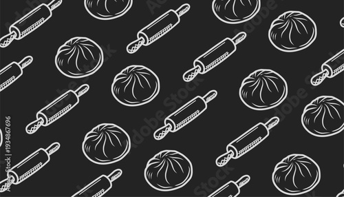Dumpling And Rolling Pin Seamless Pattern. Steamed Bun Kitchen Utensil Motif. Hand Drawn Outline Illustration. Black Background Variation. Culinary Textile Packaging Design.