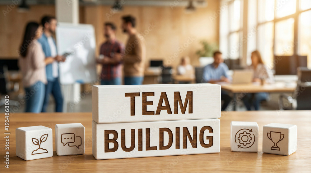 Fototapeta premium Team building concept wooden blocks with inscription team building and icons on table in modern office