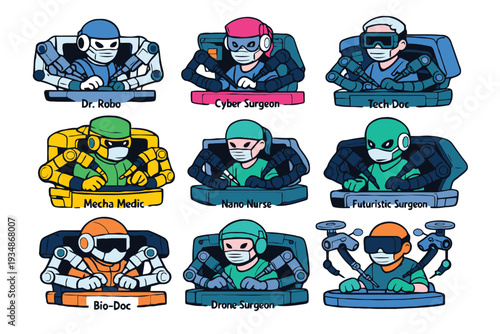 Cartoon robotic surgeons with futuristic names in various colors surgeon doctor medical robot surgery technology