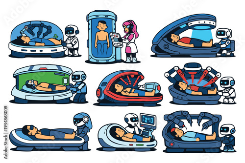 Robotic medical technology and futuristic healthcare treatment with patients in various pods robots capsules scanning