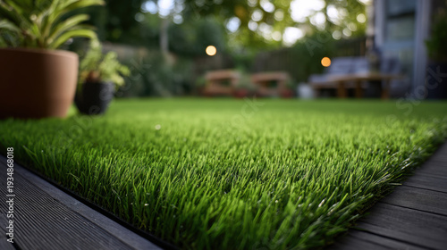 Wallpaper Mural Lush artificial grass lawn with close up blades, patio edge and potted plants creating cozy outdoor atmosphere at dusk Torontodigital.ca
