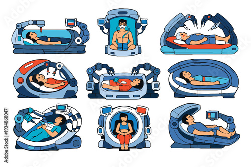 Medical procedures and robotic treatments with patients in various futuristic machines and pods treatment procedure