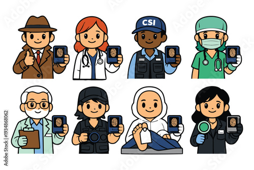 Cartoon characters from various professions examining fingerprints on mobile devices with interest professionals fingerprint device