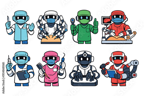 Robot surgeons and medical staff in various colorful scrubs and surgical gear surgeon medicine healthcare
