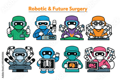 Robotic and future surgery cartoon robots performing operations with technology medical surgical robotics medicine illustration