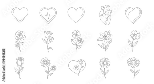 Collection of Hand Drawn Hearts and Flowers.