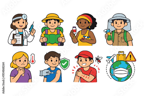 Cartoon illustrations of people taking precautions against illness and disease while traveling travel health safety