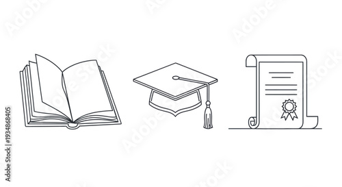 Graduation Cap Certificate and Open Book Illustration.