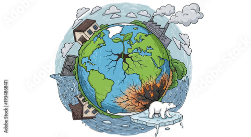 Hand Drawn Earth with Environmental Elements.