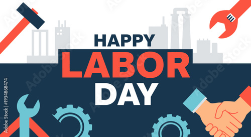 Labor Day Greeting with Tools and Handshake.