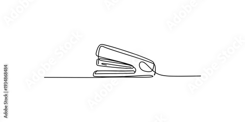 Minimalist continuous line drawing of a classic office stapler on a white background