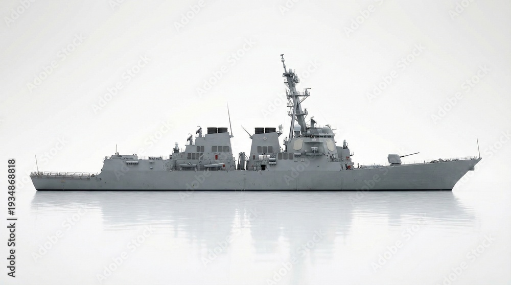 Obraz premium A naval warship is positioned on calm waters, viewed from the side, showcasing its advanced weaponry and radar systems in a serene environment