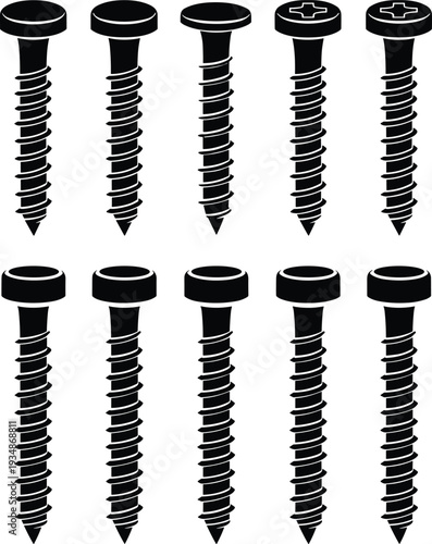 Industrial screw silhouette set featuring metal fasteners for construction engineering repair hardware isolated on white background vector illustration industrial design graphics pack