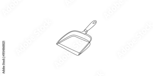Minimalist black and white line art illustration of a standard plastic dustpan with a handle.