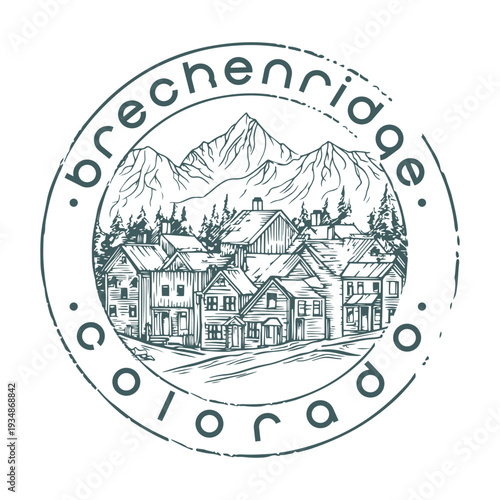 Vintage Breckenridge Colorado Badge Highlighting Historic Victorian Architecture and Majestic Tenmile Range Peaks

