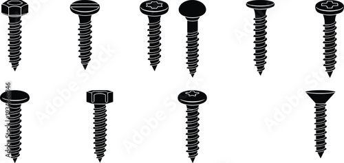 Screw silhouette icon set featuring various metal fasteners types for construction engineering repair and industrial hardware isolated on white background vector illustration