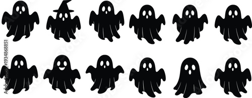 Set of twelve cute and spooky black Halloween ghost silhouettes featuring funny faces playful poses and one witch hat, isolated vector illustrations for festive projects.