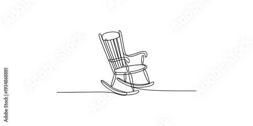 A simple black and white line drawing of a classic wooden rocking chair on a white background.