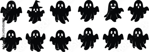 Collection of twelve spooky and cute black Halloween ghost silhouettes with various funny playful and witch-hat expressions, isolated vector illustrations for festive designs.