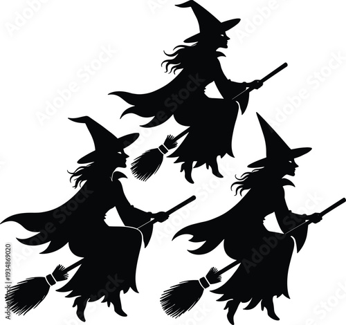 Set of three spooky black Halloween witch silhouettes flying on broomsticks in pointed hats, isolated vector illustrations for festive and magical designs.