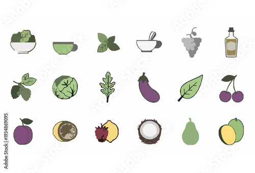Clean Food Line Icon Set Botanical Fruit and Beverage Outline Symbols