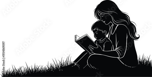 Mother reading book to child silhouette outdoors, loving parent and kid bonding moment, education, storytelling, family time concept isolated on white background