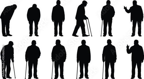 Elderly man silhouettes set showing senior male standing, walking with cane and different postures, aging process, retirement lifestyle, old age concept isolated on white background