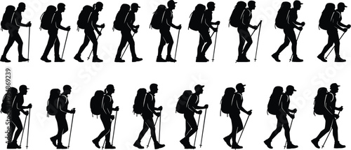 Hiking and trekking silhouettes set showing backpackers walking with poles, outdoor adventure travel, mountain hiking activity, endurance and exploration concept isolated on white background