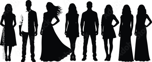 Group of men and women silhouettes standing together, diverse fashion poses, anonymous people collection, modern lifestyle concept, black figures isolated on white background